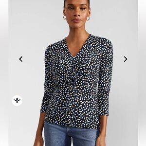 Hobbs London Simmy Blouse Sz Small Dots Blue  Pink Adjustable Ruched Lined